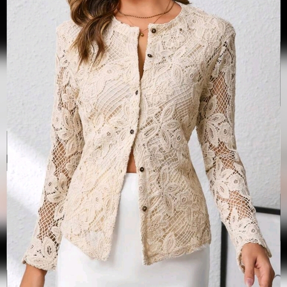 Elegant Women's Long Sleeved Lace Stand Up Collar Button Up Shirt - Picture 1 of 5
